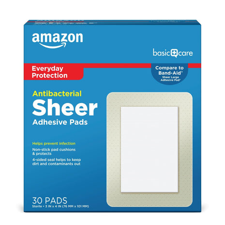 Amazon Basic Care Sheer Adhesive Pad Bandages for Minor Cuts, Scrapes and Wounds, Extra Large 3 x 4 in, Non-Stick Pad, 30 Count