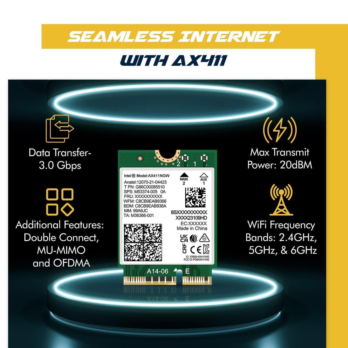 WiFi 6E Adapter for Intel AX411 | Tri-Band Wireless | Up to 3.0 Gbps | CNVio2 M.2 Format for PCs | Bluetooth 5.3 Support | for Intel 12th Gen and Newer CPUs, Windows 10/11, Linux | AX411NGW
