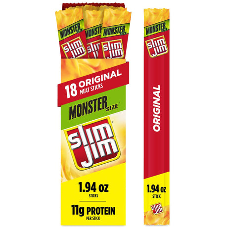 Slim Jim Monster Smoked Meat Sticks, Original Flavor, High Protein Easter Basket Stuffer for Men, 1.94 oz. (18 Count)