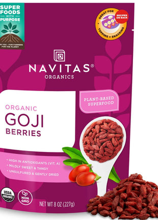 Navitas Organics Goji Berries – For Smoothies, Trail Mix, Baked Goods, Oatmeal & More – Vitamin A, Antioxidants, Fiber – Wolfberry - USDA Organic, Non GMO, Gluten Free, Vegan (8oz. Bag, 8 Servings)
