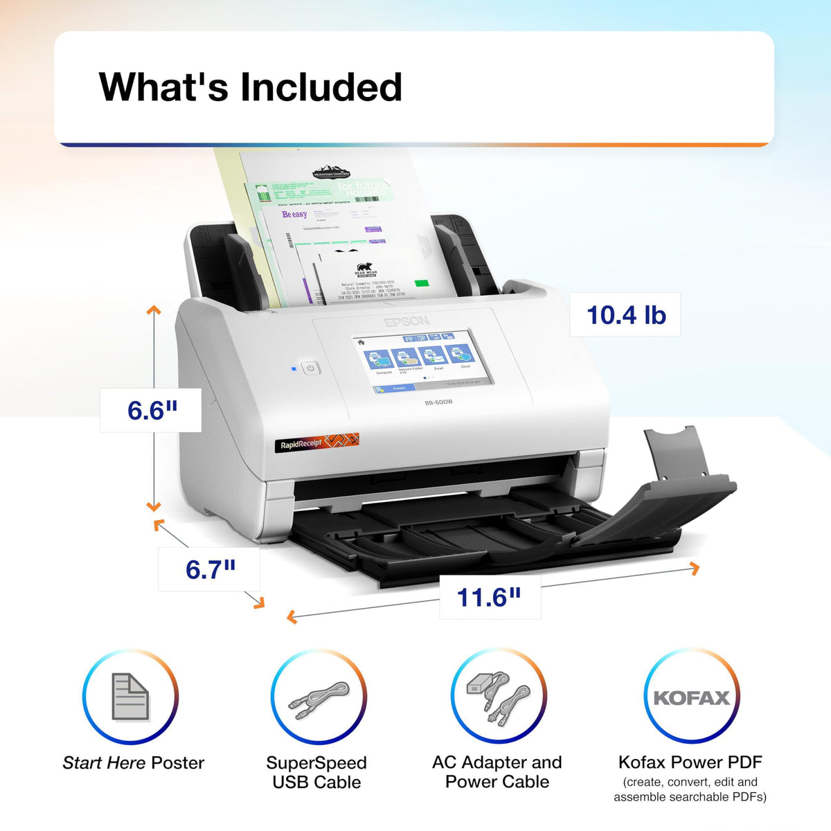 Epson RapidReceipt RR-600W Wireless Desktop Color 2-Sided Receipt & Document Scanner with ScanSmart AI PRO Receipt Management & PDF Software for PC & Mac, Touchscreen & 100-Page Auto Document Feeder