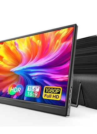 WGK 15.6 inch Portable Monitor 1080P FHD Travel Display HDMI/USB-C Compatible with Laptops, Desktops, Phones, PS, Mac, Xbox, Switch, and Other Gaming Devices Includes Stand and Speakers VESA