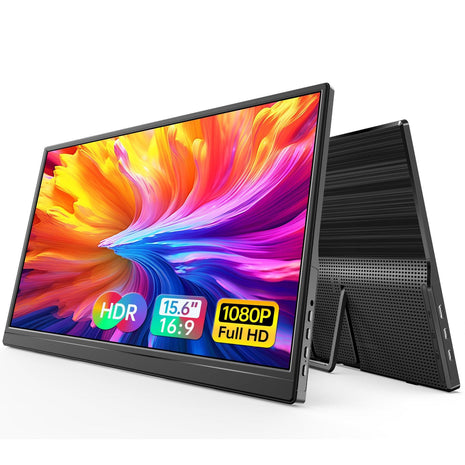 WGK 15.6 inch Portable Monitor 1080P FHD Travel Display HDMI/USB-C Compatible with Laptops, Desktops, Phones, PS, Mac, Xbox, Switch, and Other Gaming Devices Includes Stand and Speakers VESA