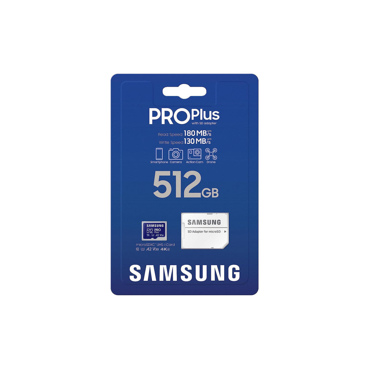 Samsung PRO Plus microSD Memory Card + Adapter, 512GB microSDXC, Up to 180 MB/s, Full HD & 4K UHD, UHS I, C10, U3, V30, A2, for Android Smartphones, Tablets, GoPRO, and DJI Drone (MB MD512SA/AM)