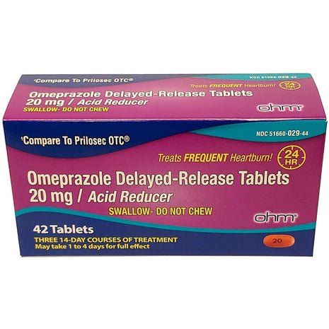Ohm Omeprazole 20mg, 42 Delayed Release Tablets, Acid Reducer for Frequent Heartburn, 24 Hour Relief Heartburn Medicine, Helps Relieve Stomach & Chest Discomfort (6 Weeks of Supply, 42, Count)