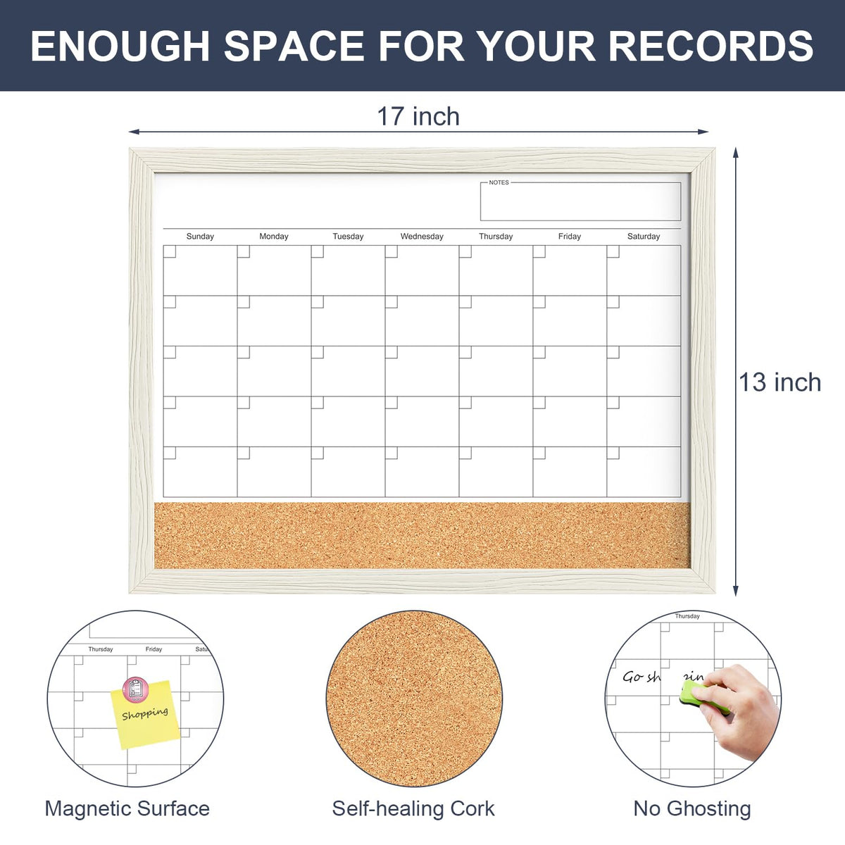 Calendar Whiteboard for Wall, TANKEE 17x13 Inches Whiteboard Calendar Cork Board Combo, Small Magnetic White Board with Wood Framed, Hanging Dry Erase Board for Kitchen Home Office School Planner