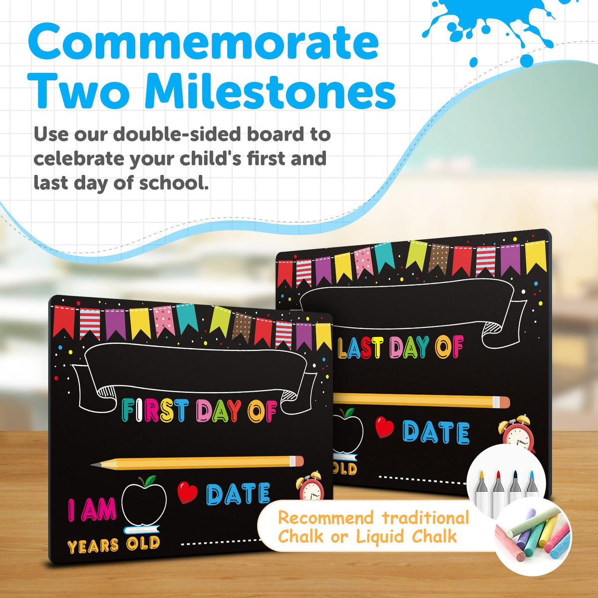 PETCEE First Day of School Board Sign - 11"x14" Double Sided Reusable and Erasable 1st First & Last Day of Preschool Pre-K Chalkboard Sign Photo Prop Gift Back to School Supplies for Kids Son Daughter