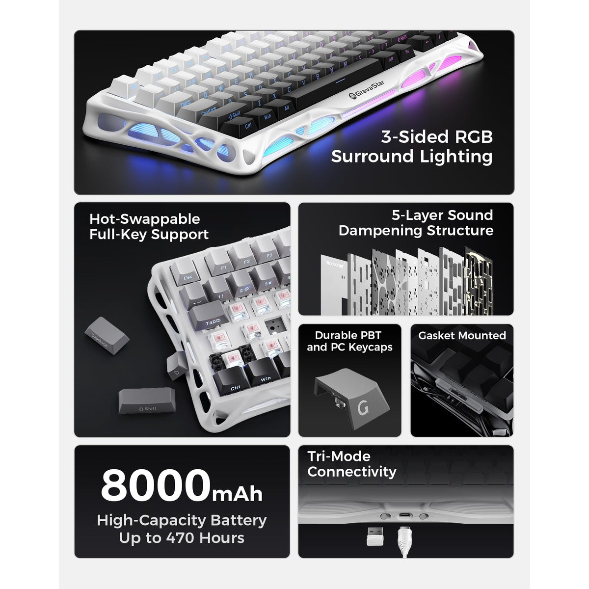 GravaStar Mercury K1 75% Wireless Mechanical Gaming Keyboard, Aluminum Alloy Exoskeleton Design, Gasket Custom Keyboard Hot-Swap Socket, Linear Switches, RGB Backlit