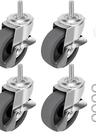WHARSTM Caster Wheels, 3 inch Locking Swivel Stem Casters Set of 4, 3/8 inch-16 x 1 (Screw Diameter 3/8 inch, Length 1 inch) Rubber Casters with 360 Degree No Noise Wheels for Furniture