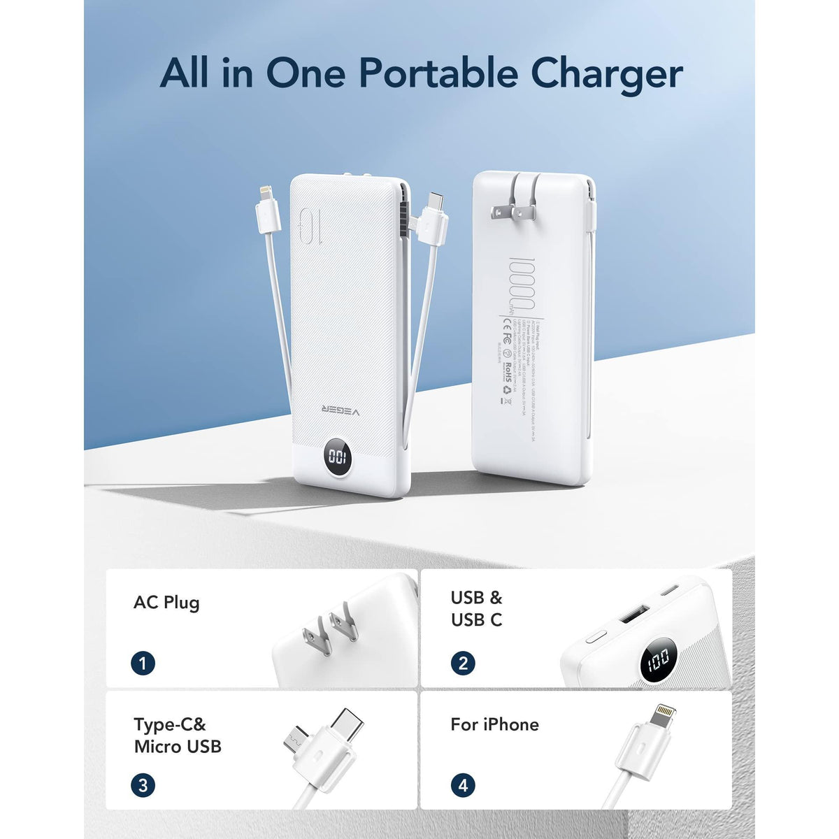 VEGER Portable Charger for iPhone Built in Cables and Wall Plug, 10000mah Slim Fast Charging USB C Power Bank, Travel Essential Battery Pack Compatible with iPhones, iPad, Samsung More Devices(White)