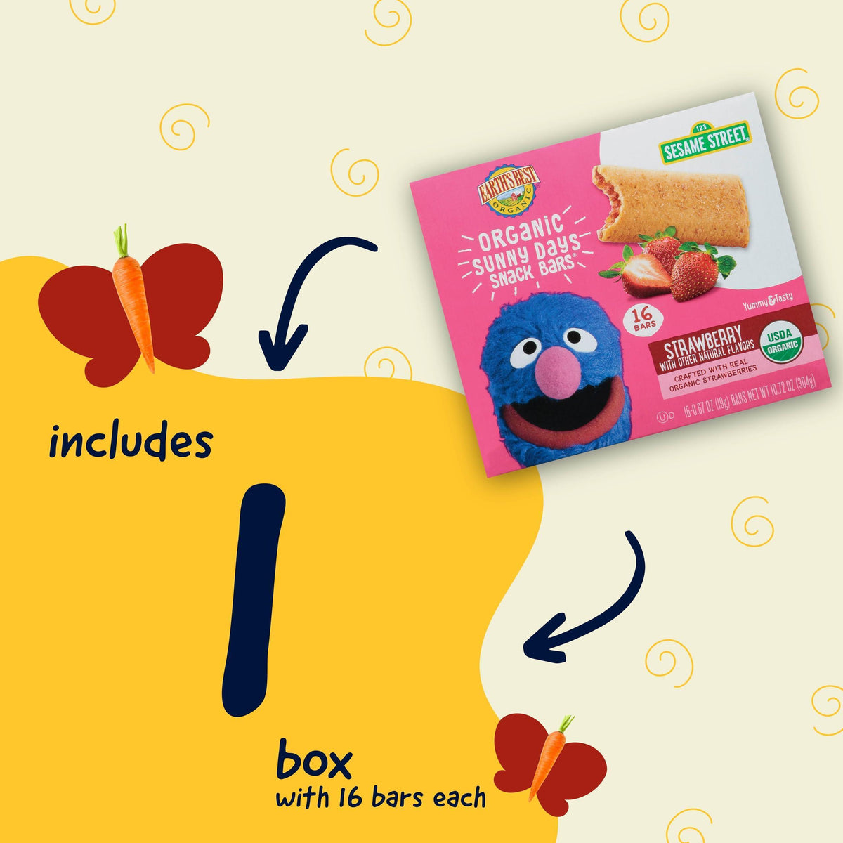 Earth's Best Organic Kids Snacks, Sesame Street Toddler Snacks, Organic Sunny Days Snack Bars for Toddlers 2 Years and Older, Strawberry with Other Natural Flavors, 16 Bars Per Box