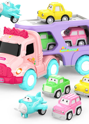 LASCOTON Toys for 1 2 3 Year Old Girl, 5-in-1 Carrier Truck for Toddler Girl, Friction Power Toy Cars with Light & Sound, Birthday Gifts, Pink
