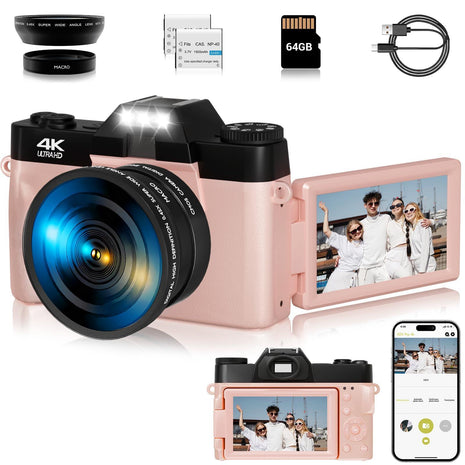 4K Digital Camera for Photography, 75MP WiFi Vlogging Camera for YouTube, 3" 180° Flip Screen Point and Shoot Camera with 64GB SD Card, Anti-Shak & 2 Batteries, Compact Travel Camera for Beginners
