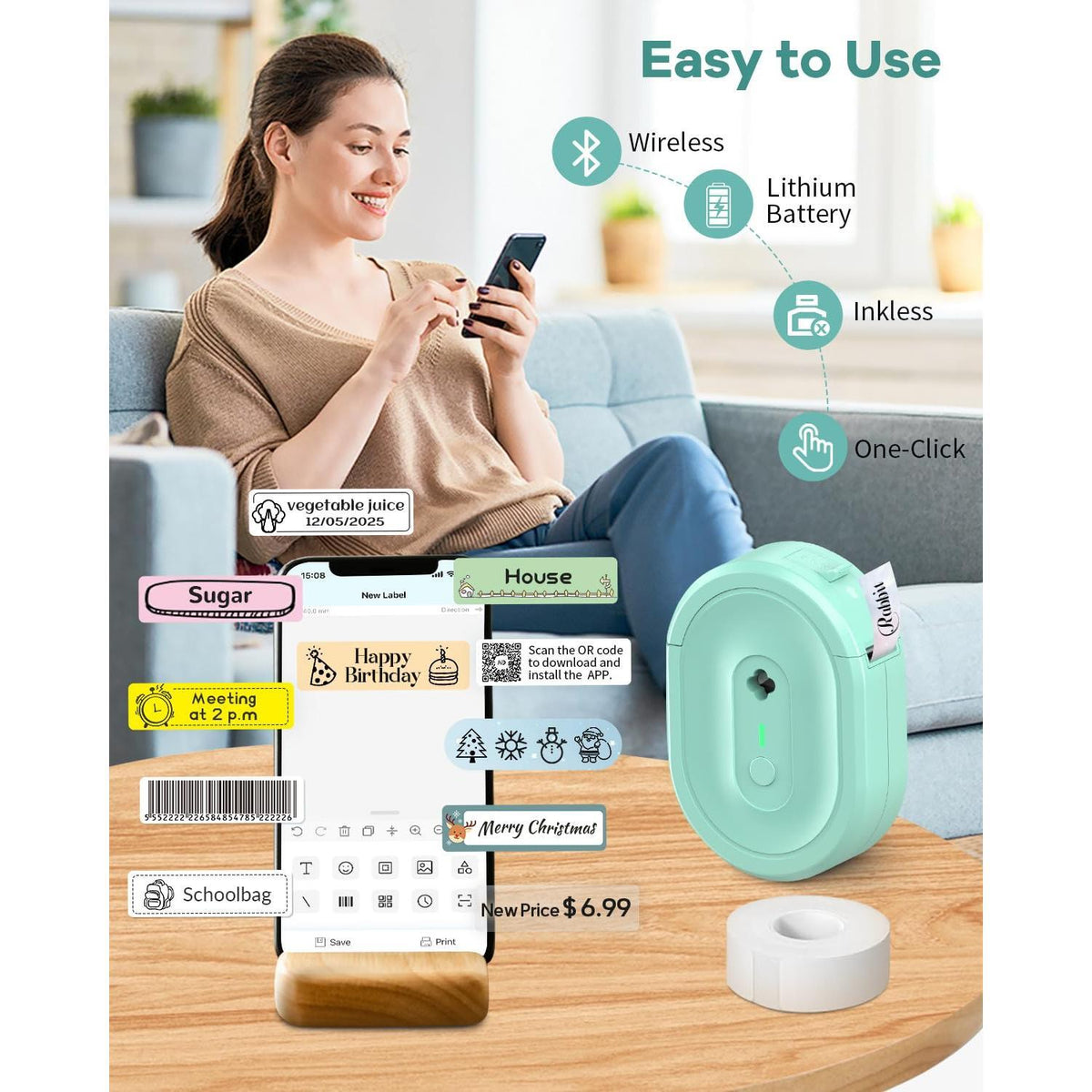 NDYIN Label Maker Machine with Tape, N12 Portable Bluetooth Label Printer, Wireless Mini Label Makers Thermal Sticker with Multiple Templates for Home, Kitchen, School, Office Organization, Green