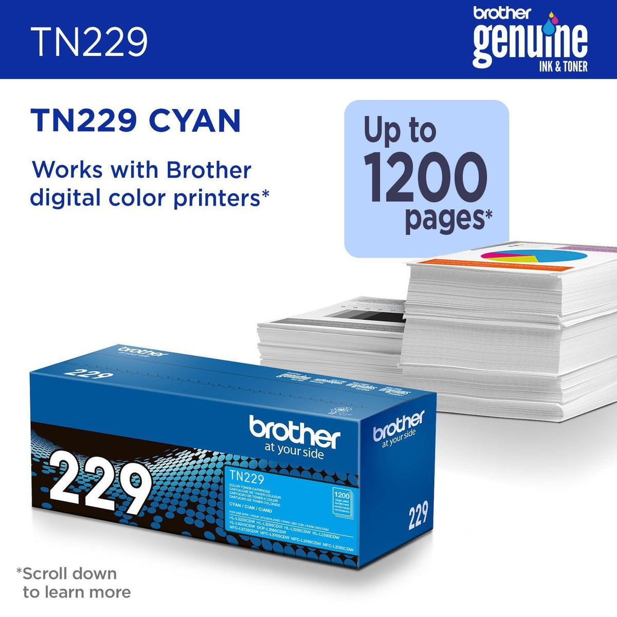 Brother Genuine TN229C Cyan Standard Yield Printer Toner Cartridge - Print up to 1,200 Pages(1)