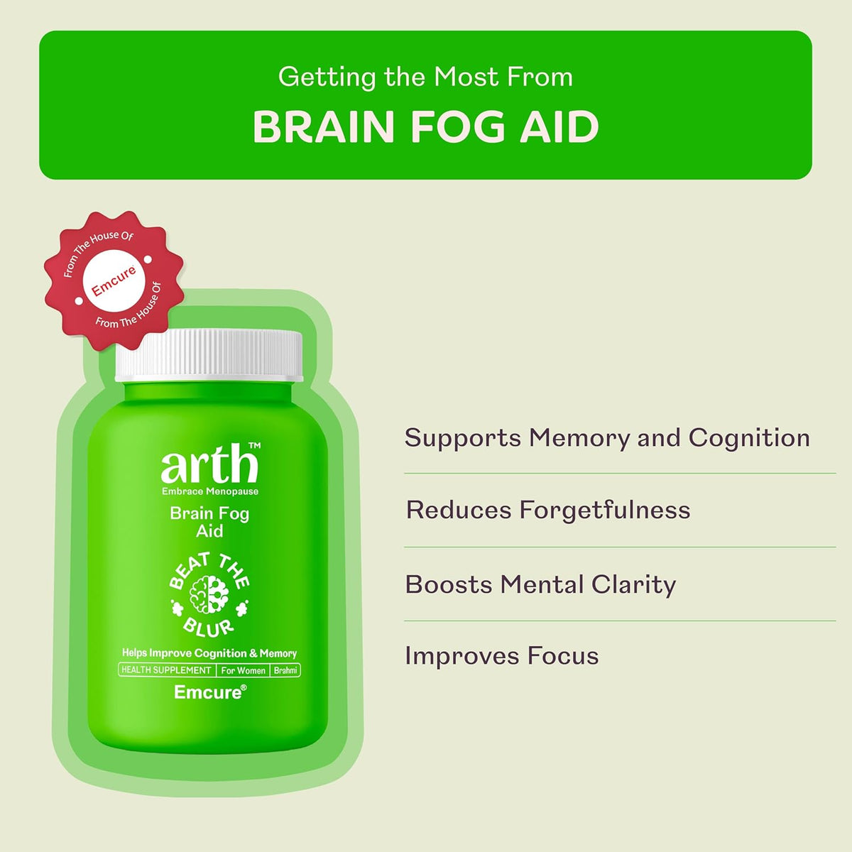 Arth Brain Fog Support | Memory booster for Women | Formulated with a highly potent Brahmi extract (B-Lit Bacopa), produced using proprietary BioEnhanced Active Technology for improved bioavailability and absorption | (30 Veg Capsules)