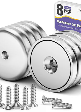 VNDUEEY 8 Pack Neodymium Magnet Cup 100 LBS Strong Rare Earth Magnets with Countersunk Hole Industrial Strength Round Base with Screws 1.26''D x 0.2" H for Holding Tools Kitchen Office DIY Craft