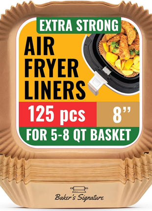 Air Fryer Paper Liners, 125Pcs Air Fryer Disposable Liners | Non-Stick and Oil Proof for Easy Cleanup, 8" Square for 5-8 qt Basket by Baker's Signature