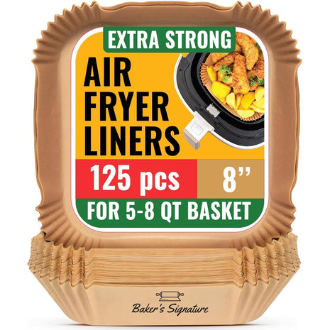 Air Fryer Paper Liners, 125Pcs Air Fryer Disposable Liners | Non-Stick and Oil Proof for Easy Cleanup, 8" Square for 5-8 qt Basket by Baker's Signature