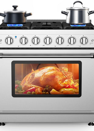 36 Inch Freestanding Dual Fuel Range Oven Stove, 6.0 Cu. Ft True Convection and Self Clean, Cooktop 6 Sealed Gas Burners, Stainless Steel