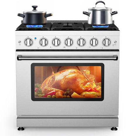 36 Inch Freestanding Dual Fuel Range Oven Stove, 6.0 Cu. Ft True Convection and Self Clean, Cooktop 6 Sealed Gas Burners, Stainless Steel