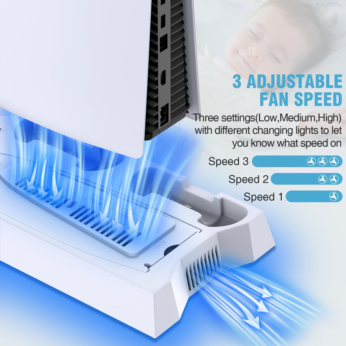 PS5/PS5 Slim/PS5 Pro Stand and Cooling Station with Dual Controller Charging Station for PlayStation 5 Console, PS5 Accessories Incl. Controller Charger, Cooling Fan, Headset Holder, 3 USB Hub, White