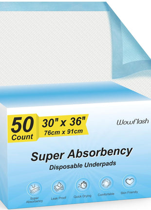Wowflash Super Absorbency Disposable Leakproof Underpads with Quick Drying for Baby, Adults, Puppy, Dog Bed Pee Pads, Extra Large, XXL Incontinence Pads, 30" x 36", 50 Count