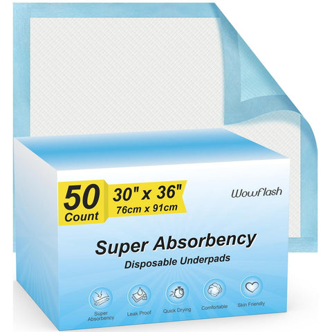 50 Count 30” x 36” Super Absorbency Disposable Underpads, Leakproof Quick Drying, Baby Puppy & Adults Bed Pads Disposable Adults, Dog Pee Pads Extra Large, XXL Incontinence Pads