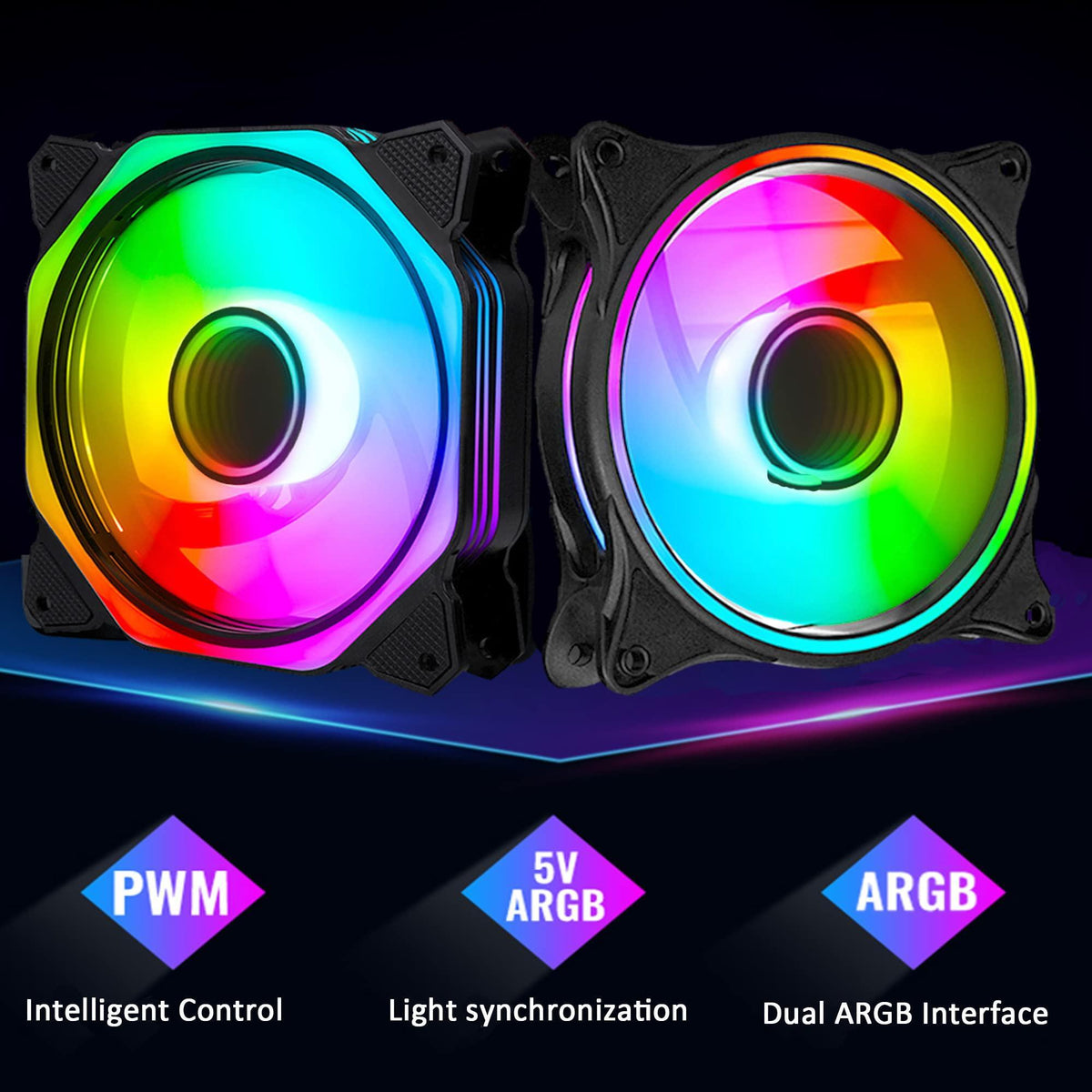 120mm ARGB PWM PC Case Fans - 800-1800RPM Computer CPU Cooling with Addressable RGB PC Case Triple Light Loop Includes SATA Adapter 3-Pack Black