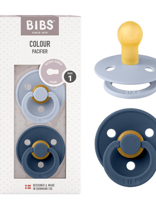 BIBS Pacifiers Colour Collection | Natural Rubber Baby Pacifier | Set of 2 BPA-Free Soothers | Made in Denmark | 0+ Months (Pack of 2) | Dusty Blue/Steel Blue
