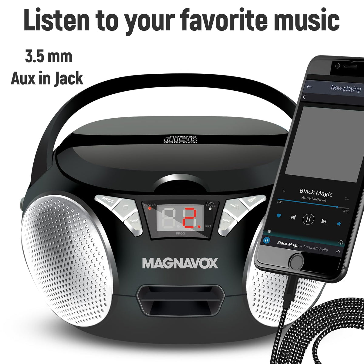 Magnavox MD6924 Portable Top Loading CD Boombox with AM/FM Stereo Radio in Black | CD-R/CD-RW Compatible | LED Display | AUX Input | Programmable CD Player | 1.6 watts of audio