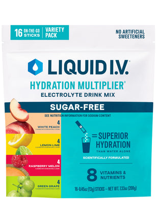 Liquid I.V.庐 Hydration Multiplier Sugar-Free Variety Pack - Raspberry Melon, Lemon Lime, White Peach, Green Grape | Electrolyte Powder Drink Mix | 1 Pack (16 Servings)