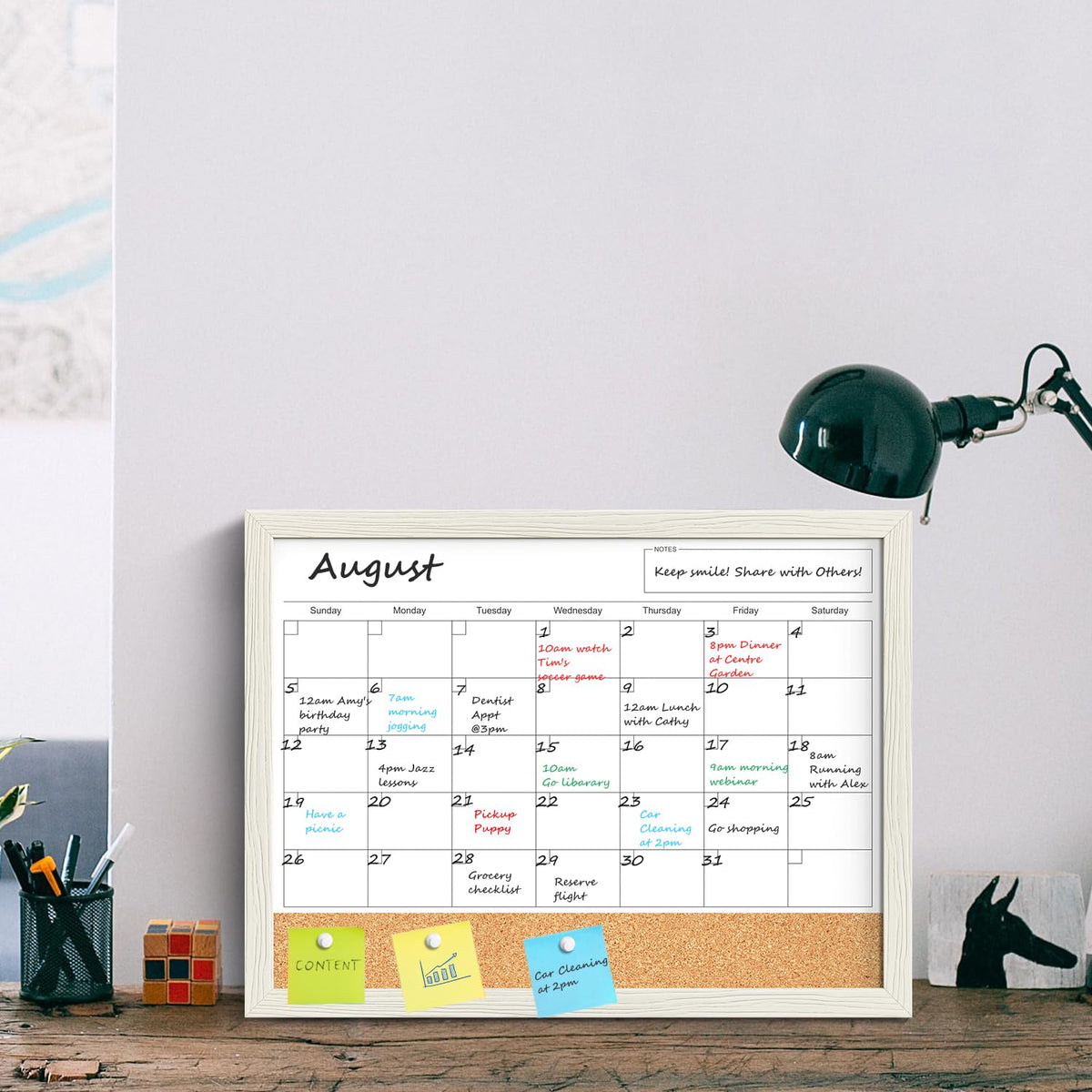 Calendar Whiteboard for Wall, TANKEE 17x13 Inches Whiteboard Calendar Cork Board Combo, Small Magnetic White Board with Wood Framed, Hanging Dry Erase Board for Kitchen Home Office School Planner