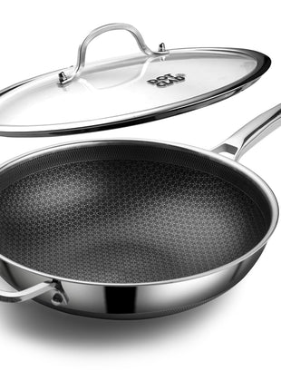DOTCLAD Wok pan,Hybrid 13 inch Wok with Lid, PFOA Free Cookware,non stick Stainless Steel Woks & Stir-fry pans Nonstick, Dishwasher and Oven Safe, Works on Induction