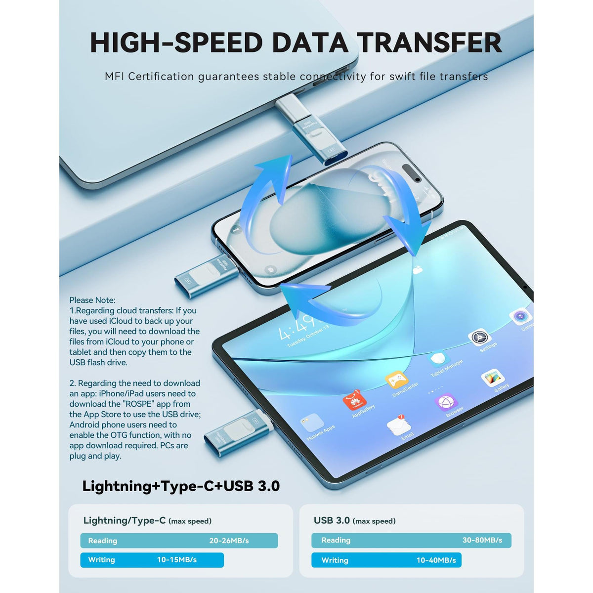 Apple MFi Certified 128GB Flash Drive for iPhone Thumb Drive Photo Stick, USB Memory Stick iPhone Flash Drive for Photos Videos, High Speed Jump Drive Compatible for iPhone/iPad/Android/PC (Blue)