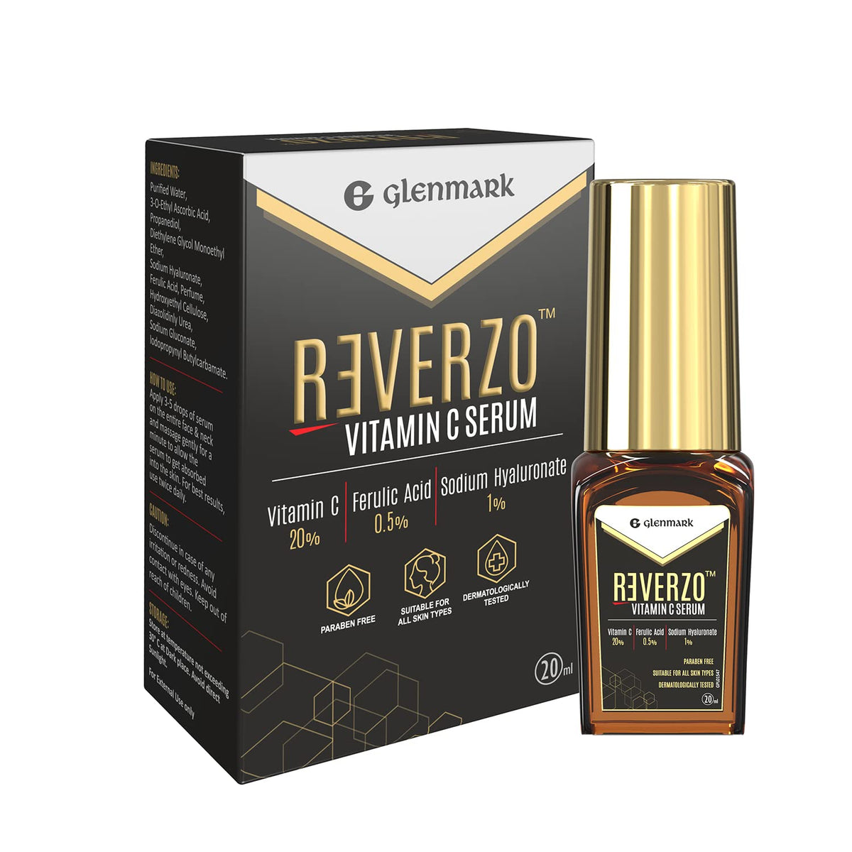 Reverzo Glenmark Vitamin C Serum with 20% Vitamin C + Hyaluronic & Ferulic Acid for Skin Brightening, Even Skin Tone, Anti-aging, Pigmentation, Hydrates Skin, Reduces Dark Spots for Unisex, 20ml