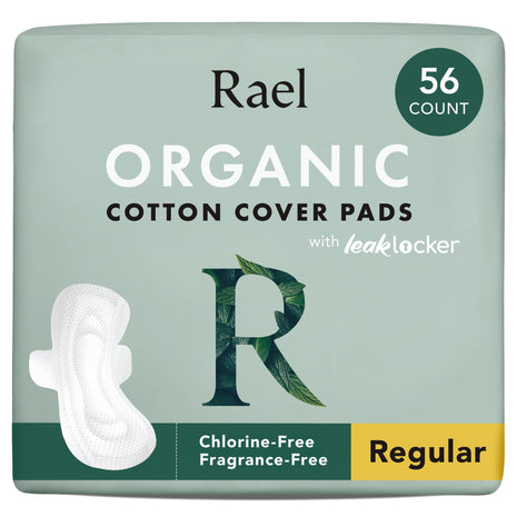 Rael Organic Cotton Cover Pads   Regular Absorbency, Unscented, Ultra Thin Pads with Wings for Women (56 Total)