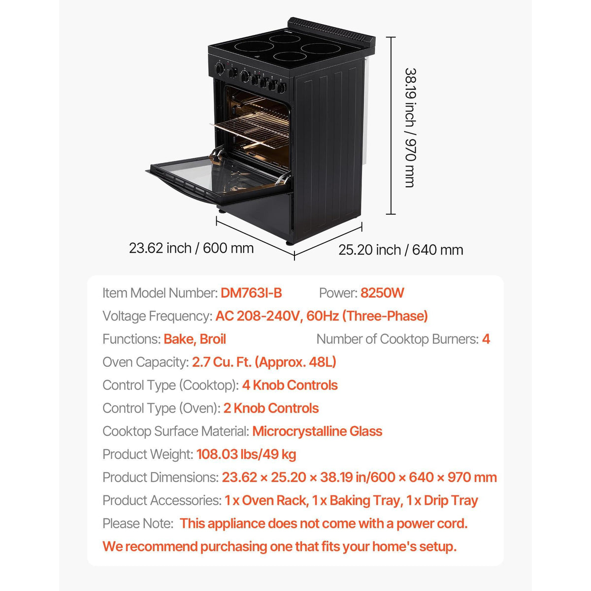 VEVOR 24 in Electric Range Oven, 2.7 Cu. Ft. Capacity Compact Freestanding Oven, Stainless Steel Kitchen Stove, with 4 Burners, Easy Reach Racks, Storage Drawer, Drip Pan, Indicator Light, Black