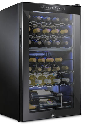 SCHMECKE 33 Bottle Dual Zone Wine Cooler Refrigerator w/Lock | Large Freestanding Wine Cellar | 41f-64f Digital Temperature Control Wine Fridge For Red, White, Champagne or Sparkling Wine - Black