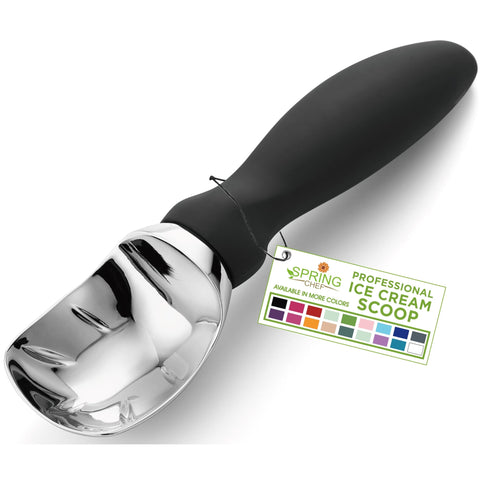 Spring Chef Heavy Duty Ice Cream Scoop with Comfortable Handle - Professional Ice Cream Scooper for Gelato, Sorbet, Cookie Dough, Melon, Frozen Yogurt - Dishwasher Safe Metal Kitchen Tool - Black