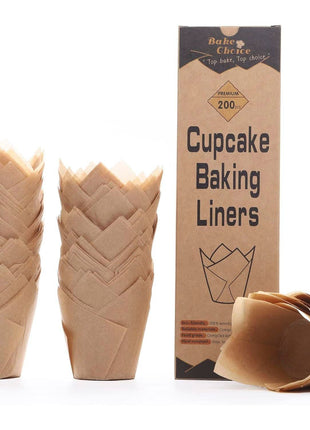 Bake Choice 200pcs Natural Tulip Cupcake Liners for Baking Muffin Liners | Unbleached European Parchment Paper, Heat-resistant, Greaseproof, Cupcake Wrapper for Party, Christmas, Gift