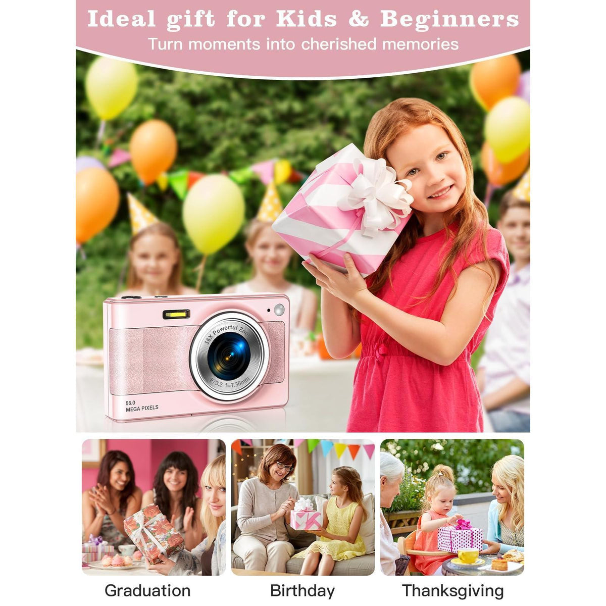 Upgrade Digital Camera, 56MP FHD 1080P Camera for Kids with 16x Zoom Anti Shake, Kid Camera with 32GB TF Card, Two Batteries, Lanyard, Compact Small for Kids Boys Girls（Pink）