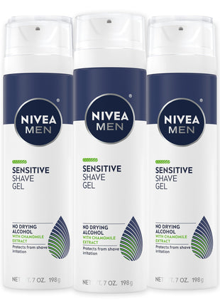 NIVEA MEN Sensitive Shave Gel with Vitamin E, Soothing Chamomile and Witch Hazel Extracts, 3 Pack of 7 Oz Cans
