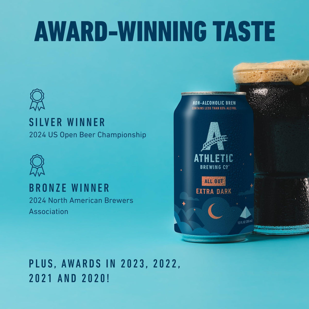 Athletic Brewing Company Craft Non Alcoholic Beer, Extra Dark Brew With Coffee & Chocolate Notes, Pair With Meat, Dried Fruit or Dessert, Vegan, All Out, 12 Pack, 12 FL Oz Cans
