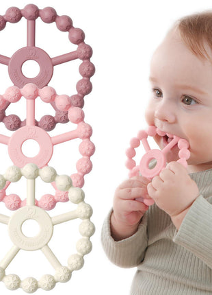 3 Pack Ring Teether Baby Infant Toys, Baby Essentials, Silicone Teething Ring Toys for Babies 0-6 Months, Seposeve Toddler Teethers 6-12 Months 12-24 Months, Infant Teething Relief, Purple Pink White