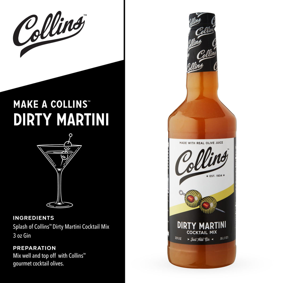 Collins Dirty Martini Mix, Made With Real Olive Brine for the Bold Flavor You Need, Classic Cocktail Recipe Ingredient, Bartender Mixer, Drinking Gifts, Home Cocktail bar, 32 fl oz