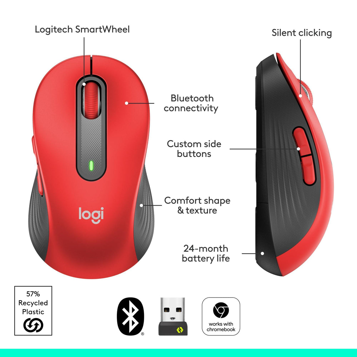 Logitech Wireless Mouse Signature M650 L Full Size - Large Hands, 2-Year Battery, Silent Clicks, Customizable Buttons, Bluetooth, PC/Mac/Chromebook - Classic Red, Right-Handed, Large
