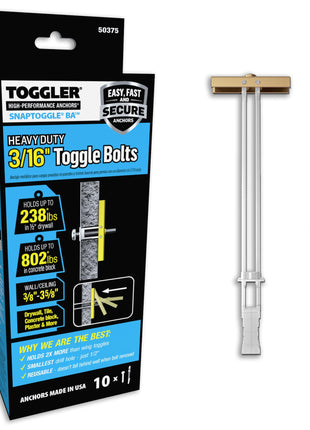 TOGGLER SNAPTOGGLE BA Toggle Anchor with Bolts, Zinc-Plated Steel Channel, Made in US, 3/8" to 3-5/8" Grip Range, For 3/16"-24 UNC Fastener Size (Pack of 10)
