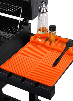 Silicone Tools Mat for Griddle Kitchen Cooking Baking Countertop-Side Shelf Spatula Mat with Drip Pad for Blackstone Weber Traeger Pit Boss Flat Top Grill Smoker- BBQ Accessories Gifts for Men(Orange)
