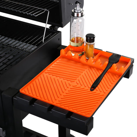 Silicone Tools Mat for Griddle Kitchen Cooking Baking Countertop-Side Shelf Spatula Mat with Drip Pad for Blackstone Weber Traeger Pit Boss Flat Top Grill Smoker- BBQ Accessories Gifts for Men(Orange)